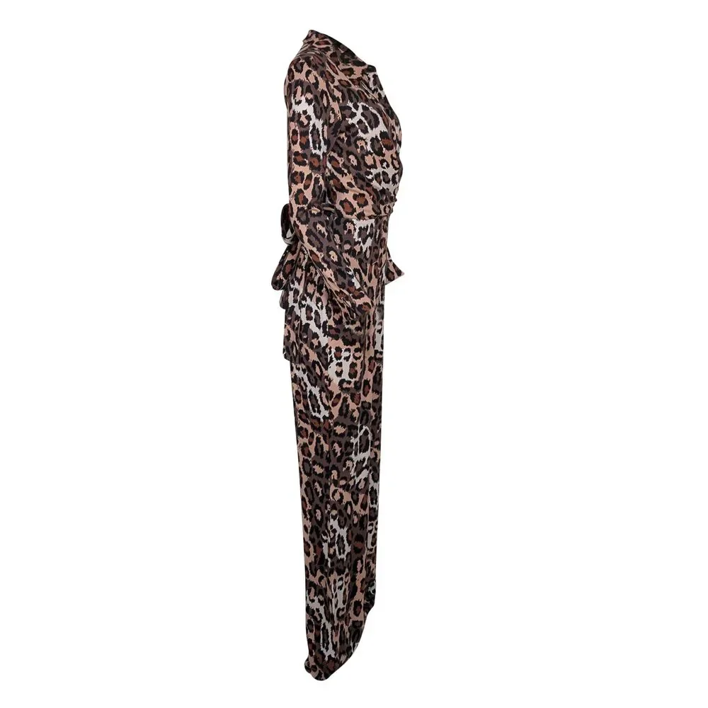 Diane von Furstenberg - Tan, Beige, & Black Leopard Print Wrap Bodice Jumpsuit - Picture 2 of 3